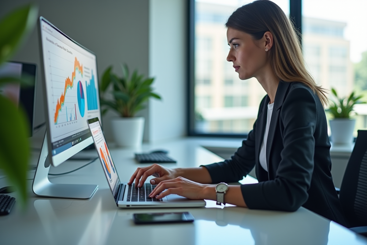 Femme d affaires concentrée sur son ordinateur avec graphiques AI