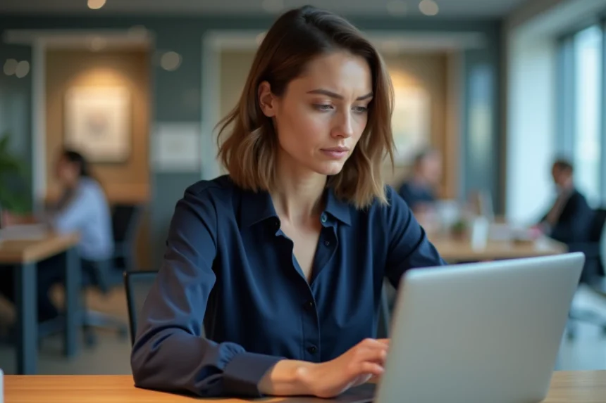 Femme en fin de contrat consultant son compte webmail professionnel sur un ordinateur portable dans un bureau moderne