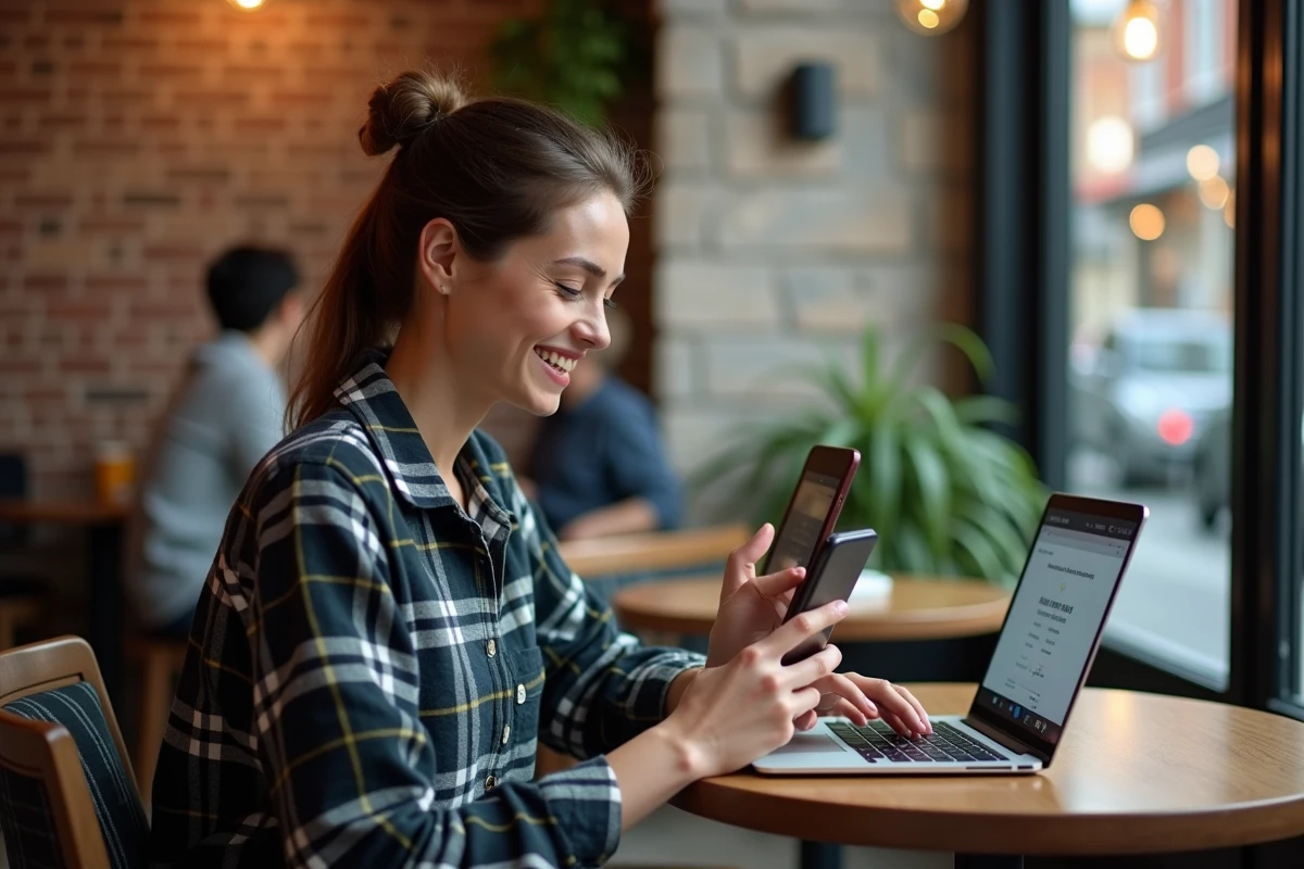 Femme souriante utilisant son laptop dans un café urbain