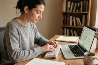 Femme tapant un É majuscule sur un clavier d'ordinateur dans un bureau à domicile