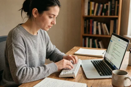 Femme tapant un É majuscule sur un clavier d'ordinateur dans un bureau à domicile
