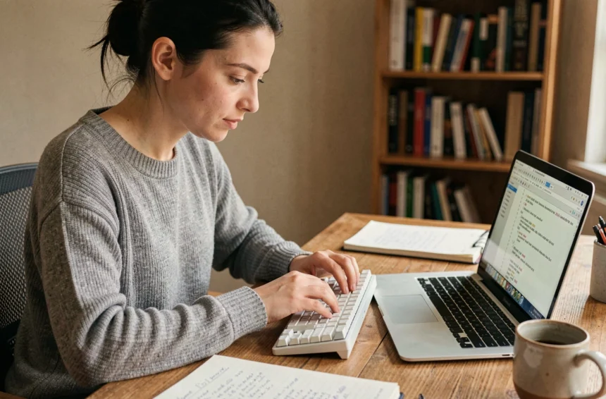 Femme tapant un É majuscule sur un clavier d'ordinateur dans un bureau à domicile