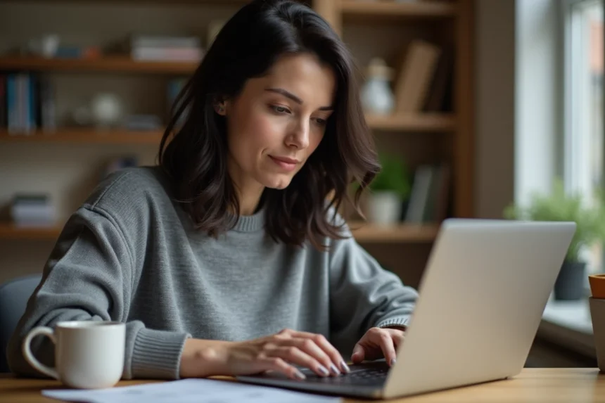 Femme cherchant la touche antislash sur un clavier externe connecté à un ordinateur portable
