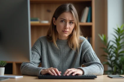 Femme tapant sur un clavier mécanique à son bureau à domicile, cherchant à saisir le caractère È majuscule avec accent aigu