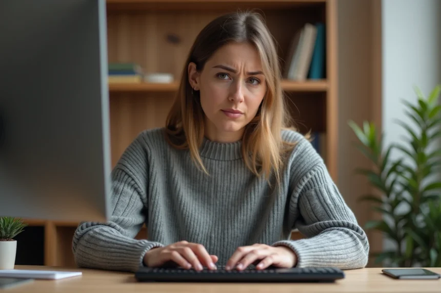 Femme tapant sur un clavier mécanique à son bureau à domicile, cherchant à saisir le caractère È majuscule avec accent aigu