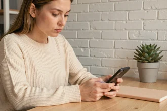 Jeune femme comptant les caractères d'un post sur son smartphone pour Twitter et Instagram