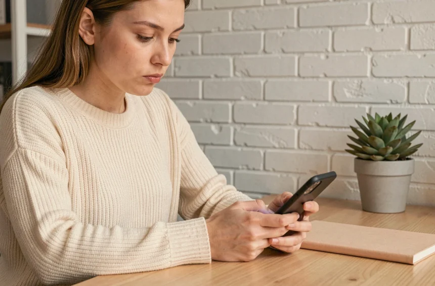 Jeune femme comptant les caractères d'un post sur son smartphone pour Twitter et Instagram