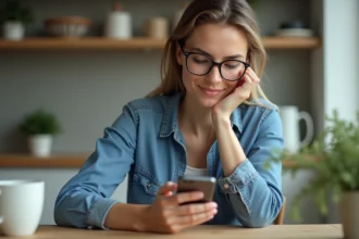 Femme en denim supprimant des photos sur son smartphone dans la cuisine