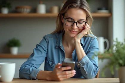 Femme en denim supprimant des photos sur son smartphone dans la cuisine