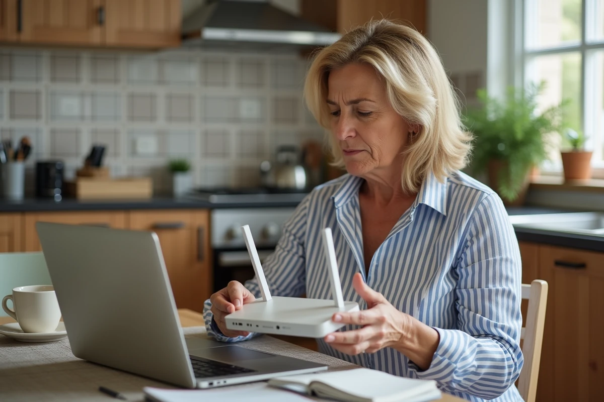 Femme déchiffre le code WiFi sur un routeur dans la cuisine