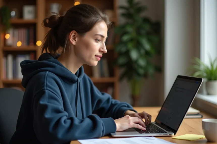 Jeune femme utilisant Discord sur un ordinateur portable dans un bureau à domicile, illustrant la mise en forme des messages en italique