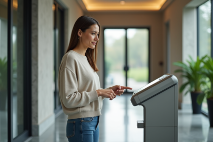 Femme utilisant un lecteur d'empreintes dans un bureau moderne