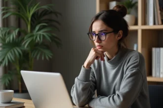 Femme frustrée devant un ordinateur portable affichant une erreur de navigateur web à son bureau