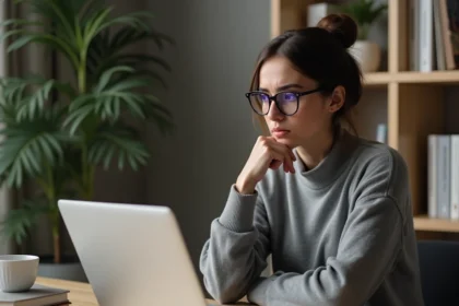Femme frustrée devant un ordinateur portable affichant une erreur de navigateur web à son bureau