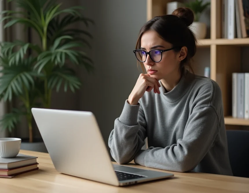 Femme frustrée devant un ordinateur portable affichant une erreur de navigateur web à son bureau