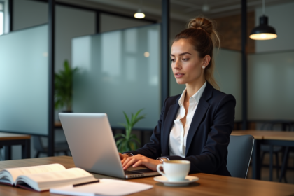 Jeune femme professionnelle évaluant des pages web sur son ordinateur