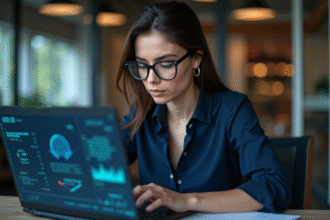 Femme concentrée analysant des données cryptées sur un ordinateur