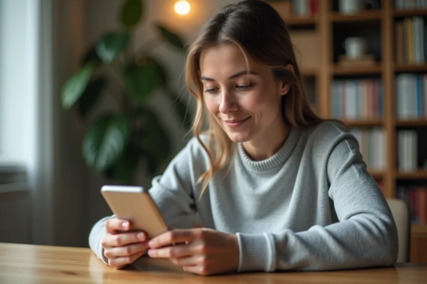 Jeune femme tapant un message WhatsApp sur son smartphone pour mettre du texte en italique