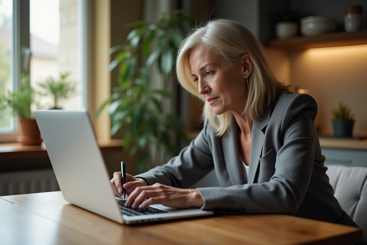 Femme remplissant un formulaire internet dans la cuisine