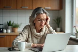 Femme d'âge moyen frustrée devant son ordinateur dans la cuisine