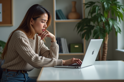 Jeune femme hésitant devant un email suspect en télétravail