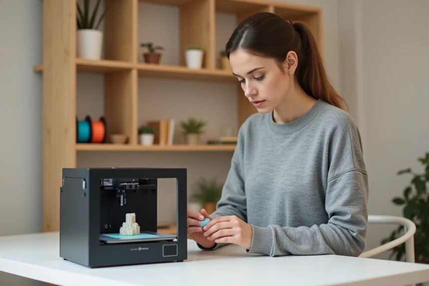 Femme examinant un objet imprimé en 3D sorti d'une imprimante 3D compacte posée sur un bureau à domicile