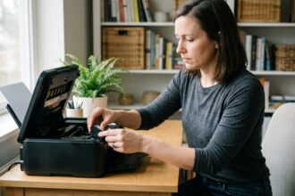 Femme dans son bureau installant une cartouche d'encre