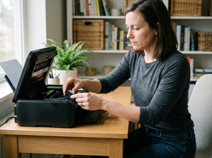 Femme dans son bureau installant une cartouche d'encre