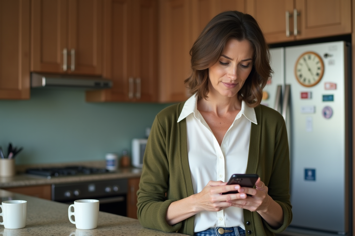 Femme lisant sur son téléphone dans une cuisine chaleureuse