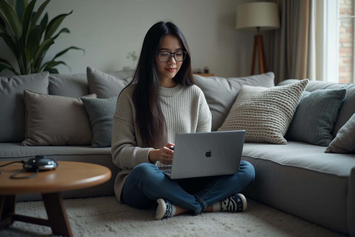Femme relaxe utilisant une manette dans un salon cosy