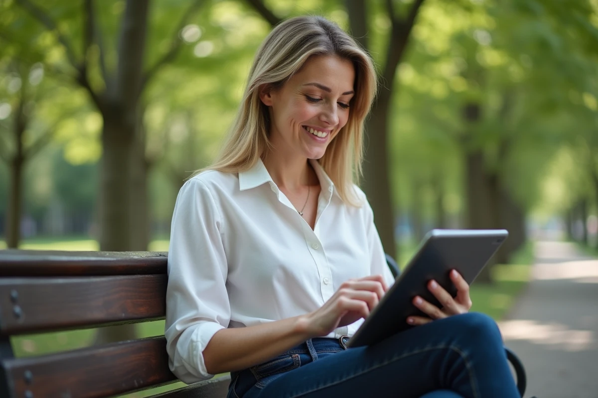 Femme utilisant une tablette dans un parc à Lyon