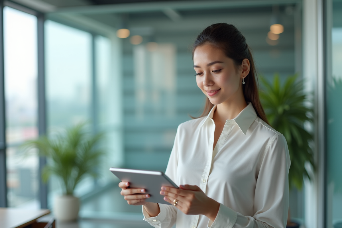 Jeune femme en bureau moderne utilisant une tablette pour comparer logiciels