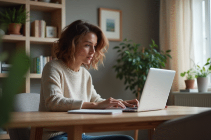 Femme d'âge moyen tapant mot de passe WiFi sur son ordinateur