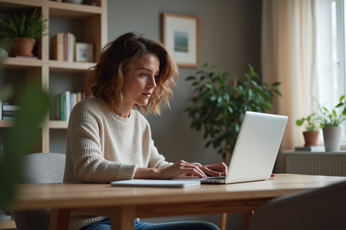 Femme d'âge moyen tapant mot de passe WiFi sur son ordinateur