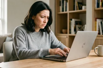 Femme inquiète consultant les paramètres de confidentialité Google Mon Activité sur son ordinateur portable à domicile