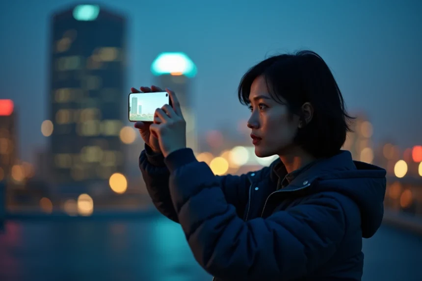 Femme photographiant un paysage urbain nocturne avec un Google Pixel 8 Pro sur une terrasse