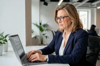 Femme professionnelle consultant son compte MyArkevia sur un ordinateur portable dans un bureau moderne, illustrant la protection des données personnelles