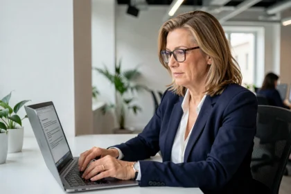 Femme professionnelle consultant son compte MyArkevia sur un ordinateur portable dans un bureau moderne, illustrant la protection des données personnelles