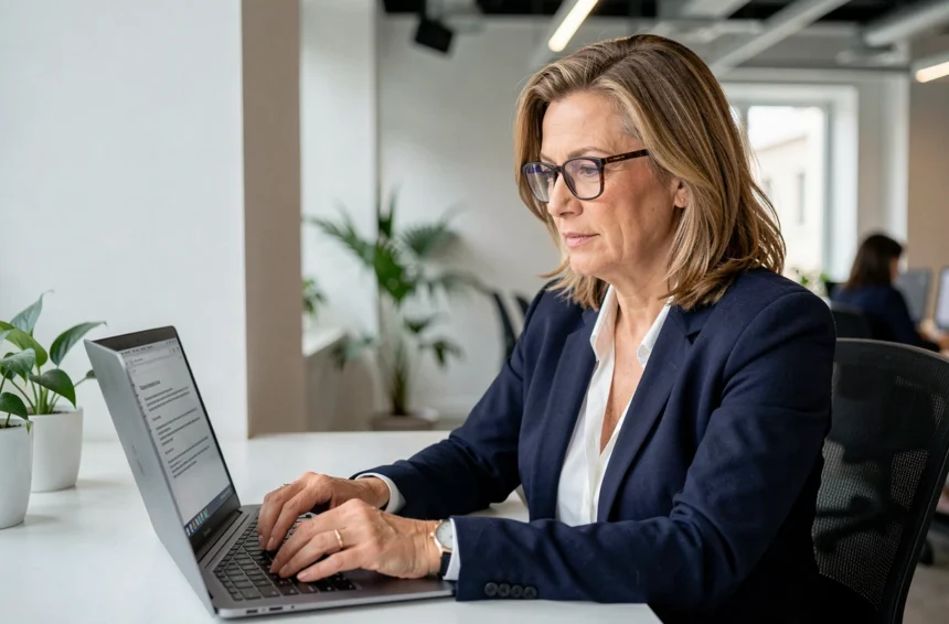 Femme professionnelle consultant son compte MyArkevia sur un ordinateur portable dans un bureau moderne, illustrant la protection des données personnelles