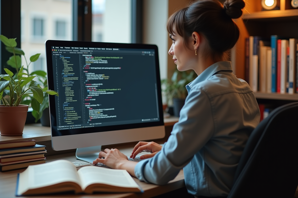 Femme ingénieure en logiciel examinant du code sur son ordinateur