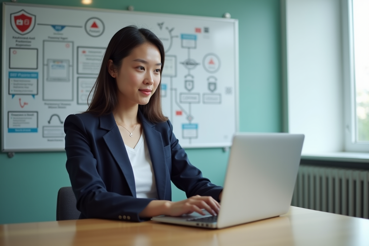 Jeune femme en réunion travaillant sur un ordinateur portable