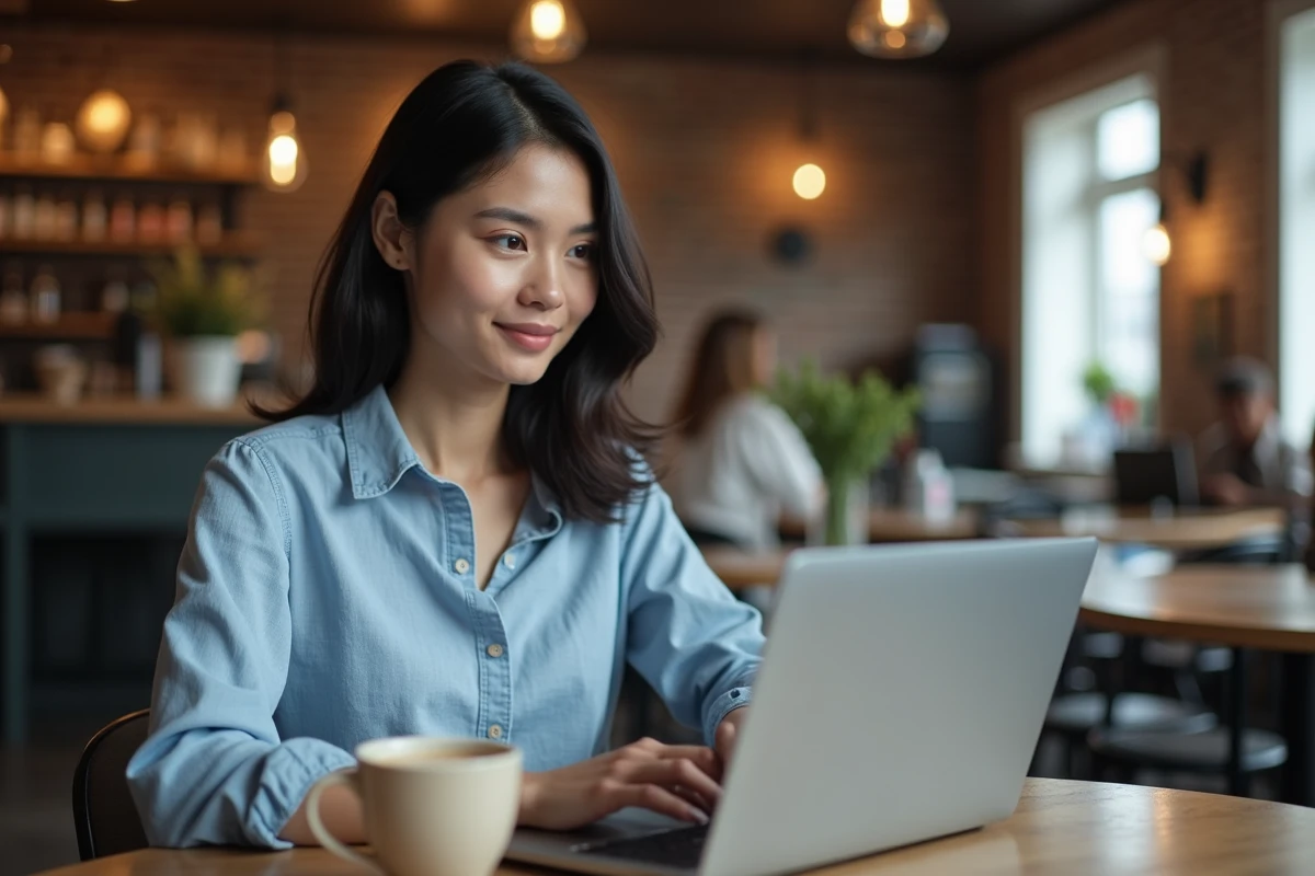 Femme consultant des informations sur la date de sortie du Samsung A51 dans un café, avec un laptop et un smartphone sur la table