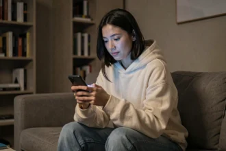 Jeune femme consultant anonymement des stories Snapchat sur son smartphone dans un appartement moderne