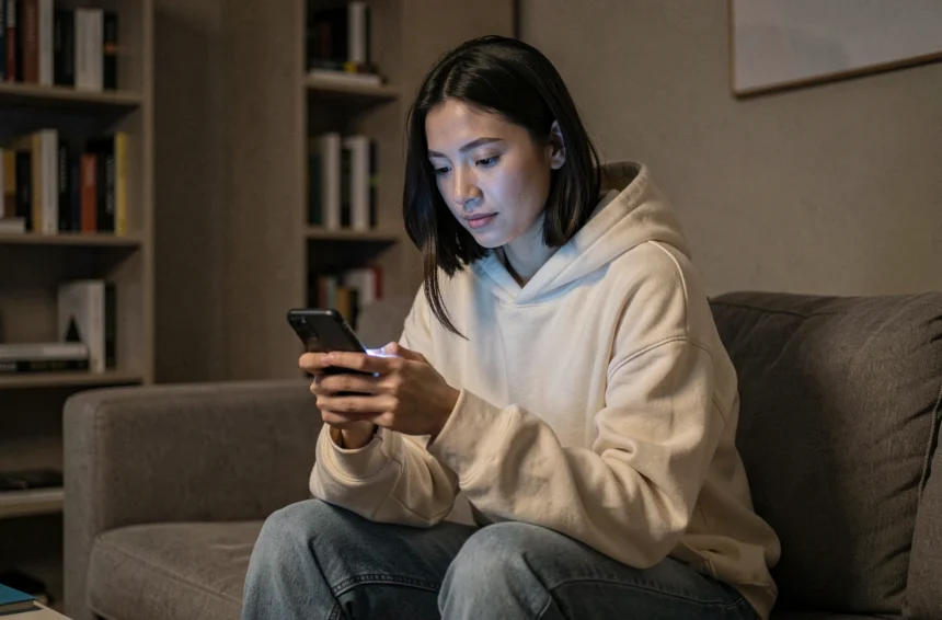 Jeune femme consultant anonymement des stories Snapchat sur son smartphone dans un appartement moderne