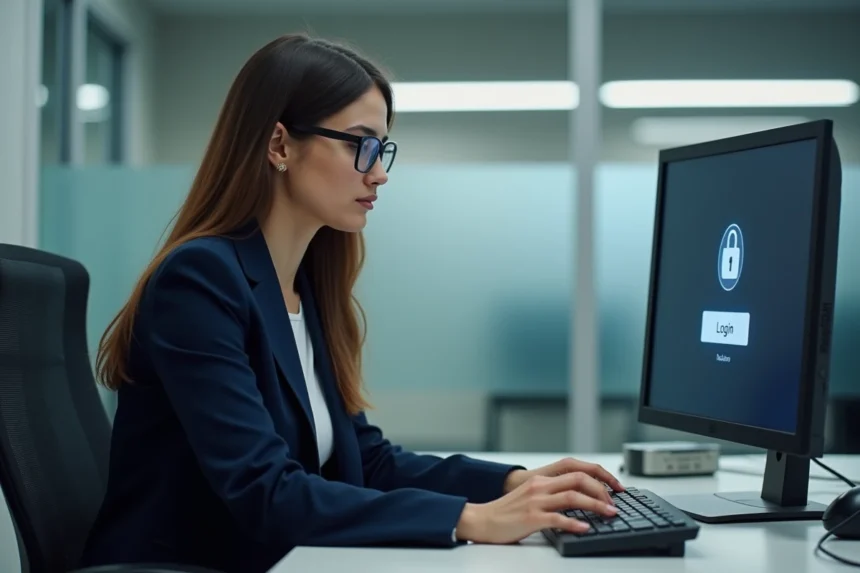 Femme professionnelle utilisant un ordinateur sécurisé en bureau moderne