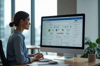 Femme attentive examinant un rapport SEO sur son ordinateur