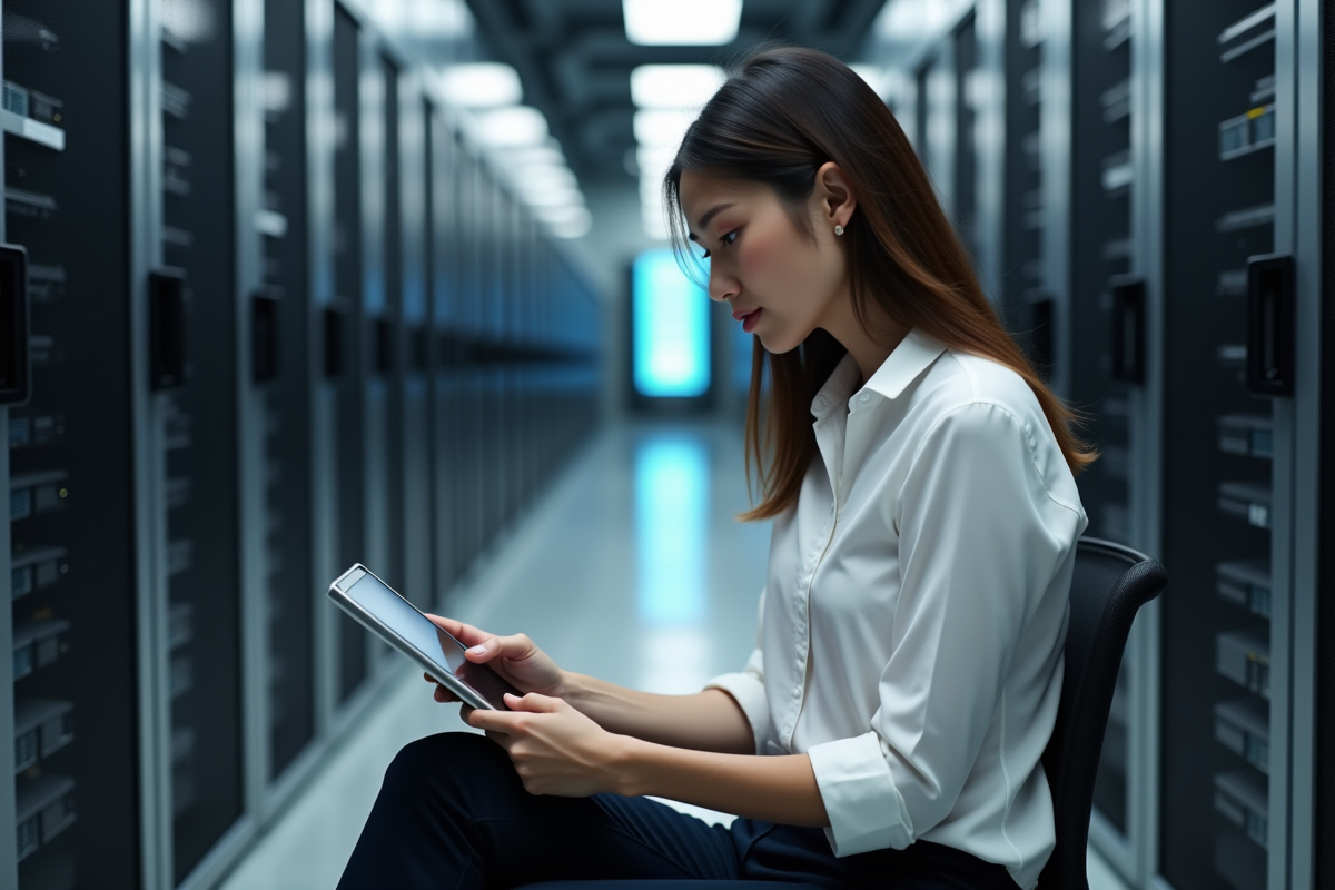Jeune femme dans une salle serveurs examinant des données sur une tablette