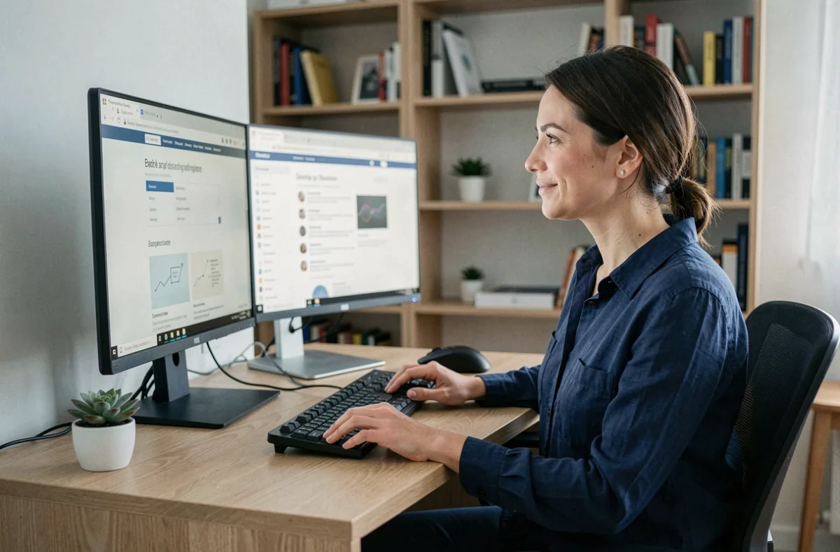Femme consultant un guide numérique sur un setup double écran dans un bureau minimaliste