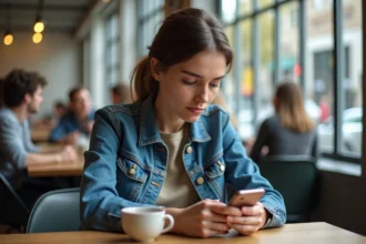 Jeune femme au café examine son smartphone attentivement