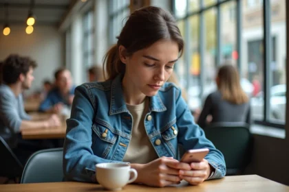 Jeune femme au café examine son smartphone attentivement